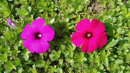  two pink and purple flowers are in a patch of green grass and grass is growing in the background, and a green bush is in the foreground.  generative ai