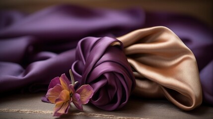  a purple and gold cloth with a flower on it's end laying on a table cloth with a knot on it's end.  generative ai