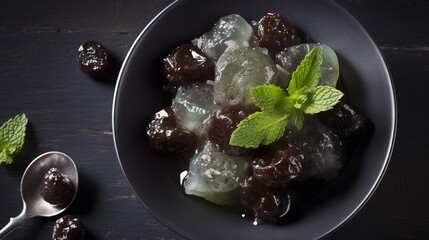 Poster -  a bowl filled with ice and cherries next to a spoon and a cup of mint on a table top with a spoon and spoon.  generative ai