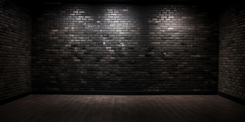 Wall Mural - Grunge interior room with black brick wall and wooden floor. Empty concrete space. Generative AI