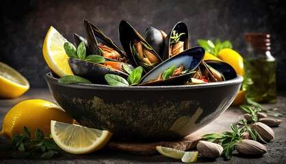 Wall Mural - Mussels in a dish of fresh herbs and lemon juice. Generative AI