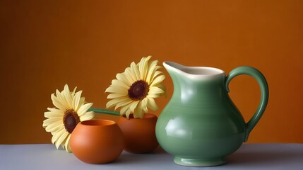  a green vase and two orange vases with yellow flowers in them on a white table with an orange wall in the backround.  generative ai