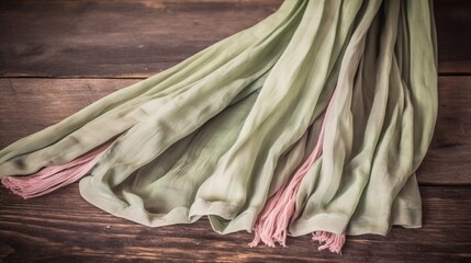  a green and pink scarf laying on a wooden floor with a wooden floor in the background and a wooden floor in the foreground with a wooden floor.  generative ai
