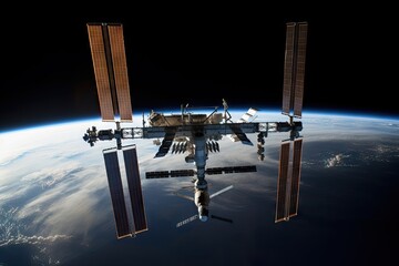Wall Mural - a space station, with the vastness of space visible in the background, created with generative ai