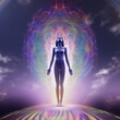 Artificial female body connects her aura with the divine. Generative AI.
