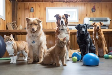 Wall Mural - group of cats and dogs in circuit training, showing off their athletic abilities, created with generative ai