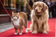dog and cat walking together down red carpet at prestigious awards ceremony, created with generative ai