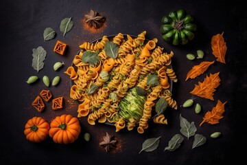 Wall Mural - Pumpkin, brussels sprouts, paprika, and liver chunks in a savory vegetable mixture served over fusilli. Generative AI