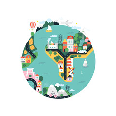 Planet Earth Flat. Vector Illustration of Outline and Colorful Travel and Ecology Map Concept.