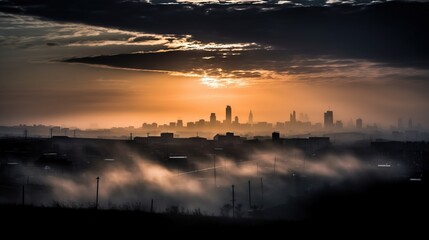 Wall Mural - the sun is setting over a city in the foggy sky with buildings in the distance and a few clouds in t