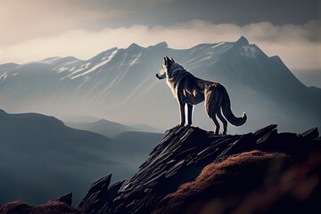Wall Mural - a lone wolf, surveying its domain from atop a mountain peak, created with generative ai