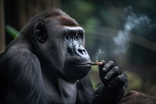 Gorilla Smoking Joint, Blowing Smoke Rings, Created With Generative Ai