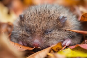 Wall Mural - baby hedgehog with its eyes still closed, uncurling in pile of autumn leaves, created with generative ai