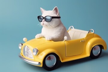 Wall Mural - Cute white cat wearing stylish sunglasses and driving yellow toy car over blue background studio shot. Generative AI