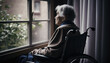 © useful pictures - Lonely senior woman sitting on wheelchair looking through window with loneliness. Thoughtful female gray hair elderly sitting alone unhappy waiting. Retirement grandmother mental health. Generative AI