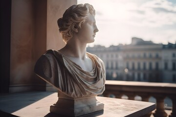 A marble bust of a woman overlooking a beautiful European capital city during the day time. Generative AI.