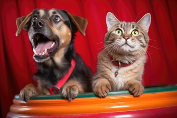 Wall Mural - a cat and dog in a spinning ride, their faces in complete shock, created with generative ai
