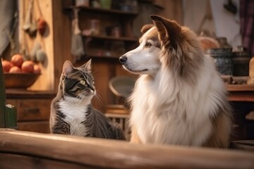 Wall Mural - cute cat and dog in a scene of a popular television series, engaged in friendly competition, created with generative ai