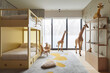 © Trinette Reed - Kid bedroom in modern design home with bunk beds and Giraffe animal toys. Generative AI.