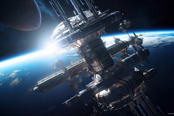 Wall Mural - space station with view of the earth, surrounded by stars and planets, created with generative ai