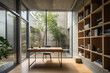© TRINETTE + CHRIS - Architecture image of modern design style home office with desk and bookshelf. Generative AI.