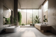 Luxury Modern Design Bathroom With Bathtub And Large Window And Plants. Generative AI.