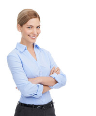 Wall Mural - Portrait, mindset and arms crossed with a business woman isolated on a transparent background. Vision, mission or professional with a confident and attractive young female employee standing on PNG