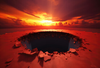 Wall Mural - red sunset over the huge hole in the ground. Generative AI image.