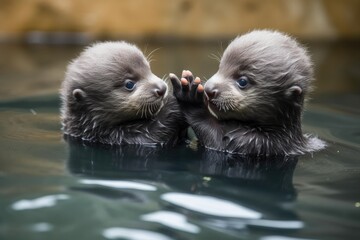 Wall Mural - adorable baby otter holding hands with its sibling while floating on the water, created with generative ai