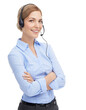 © Shrikant/peopleimages.com - Call center, portrait and arms crossed woman in customer support, contact us or telecom help. Happy female consultant, telemarketing agent or sales employee isolated on a transparent png background
