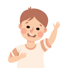 Poster - Happy Boy with Raised Up Hand Smiling Vector Illustration