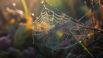 A stunning and intricate shot of a spiderweb glistening with morning dew.