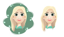 Cartoon Blonde Girl With Long Hair And Green Eyes For An Avatar In A Decorative Frame And On A White Background