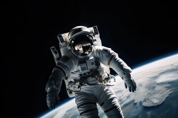 Sticker - astronaut, floating in zero gravity of space, with view of celestial objects beyond, created with ge