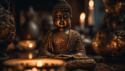 Canvas Print - Meditating statue glows, symbolizing serenity and harmony generated by AI