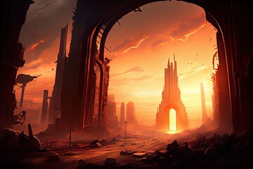 Wall Mural - postapocalyptic city, with view of the sky and burning ruins in the background, created with generat