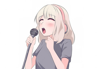 Wall Mural - Cute smiling anime girl singing karaoke. AI generated image.