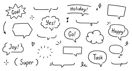 Poster - Balloon text frame decoration set. Simple hand drawn pen line speech bubble, cloud, balloon frame for text border. Doodle elegant dialog bubble, title headline. Vector illustration
