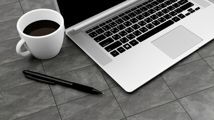 Wall Mural - laptop with white mug and coffee and black pen on the tile floor background, office space, office ba