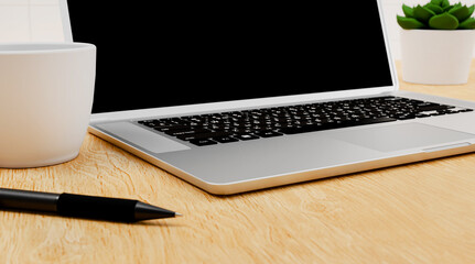 Wall Mural - laptop with white mug and coffee and black pen on the wooden table background, office space, office 