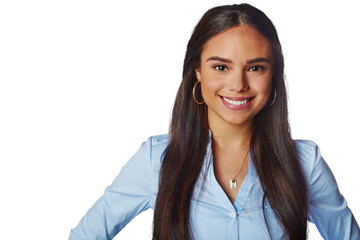 Happy, business and portrait of woman with a smile, corporate and fashion outfit. Happiness, confidence and female professional model from Mexico with pride isolated on a transparent, png background