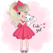 Hand Drawn Beautiful, Cute, Little Blonde Girl With Pretty Cat On The Background With Words Cute Girl. Vector Illustration.