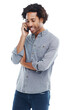 © Shrikant/peopleimages.com - Man, talking and phone call for communication or conversation isolated on transparent, png background. Happy model smile or listen to smartphone contact with network connection on alpha channel