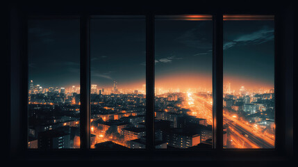Wall Mural - Night city view from large window from living room 