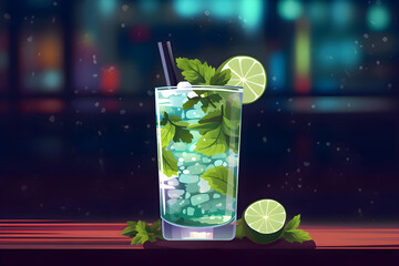 Tropical summer mojito cocktail with ice, lemon and mint, Generative AI 2