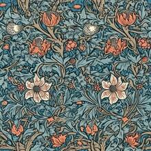 Seamless Floral Blue And Orange, Pattern, Background