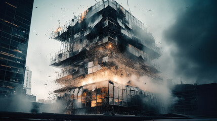 skyscraper exploding on pieces, Generative Ai