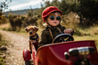 A little boy driving a red toy truck with a dog in the back