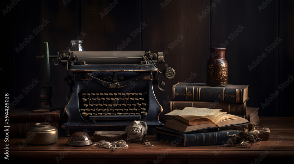 A still-life composition of an antique typewriter and a stack of ...