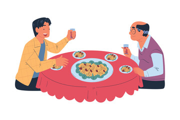 Wall Mural - Happy Adult Son with Aged Father Sitting at Table Eating Festive Dinner Celebrating Holiday Together Vector Illustration